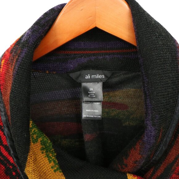Ali Miles Southwestern Aztec Faux Leather Trim Cowl Neck Cardigan Sweater 2X - Picture 4 of 7